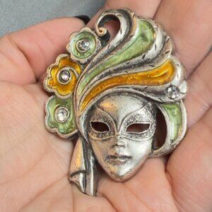Venetian Mask Brooch Enamel Rhinestone Mardi Gras Carnival Pin Vintage 2.5 inche